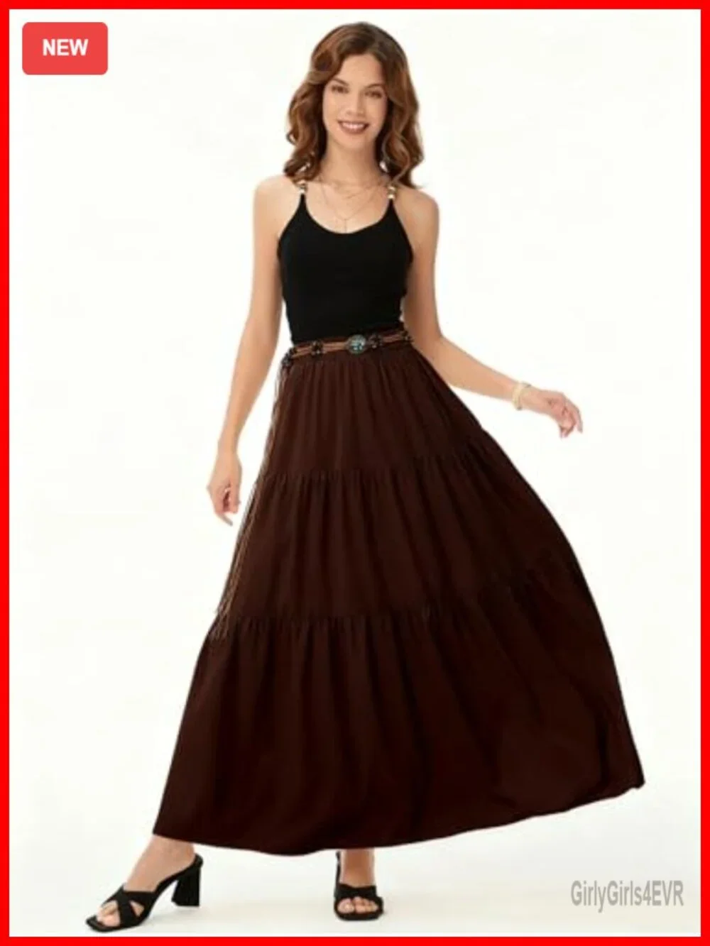 High Waisted Tiered Maxi Skirt Flowy A-Line with Pockets